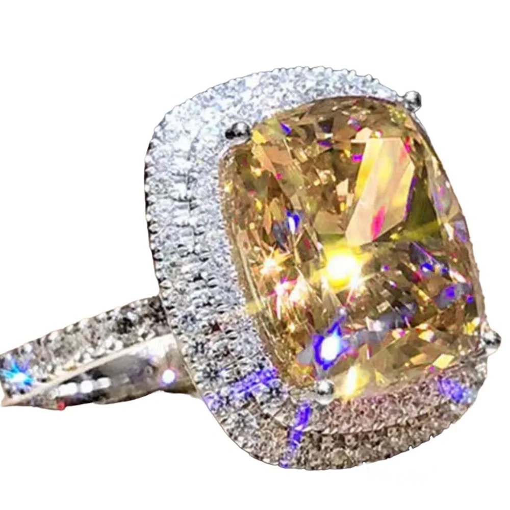 New Large Yellow Zirconia Diamonds Silver Plated Ring Band Gem Jewelry Valentine